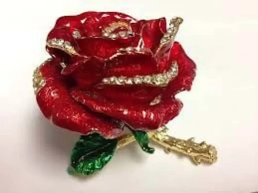 QIFU Red Rose Enameled Hinged Jewelry Trinket Box with Rhinestones